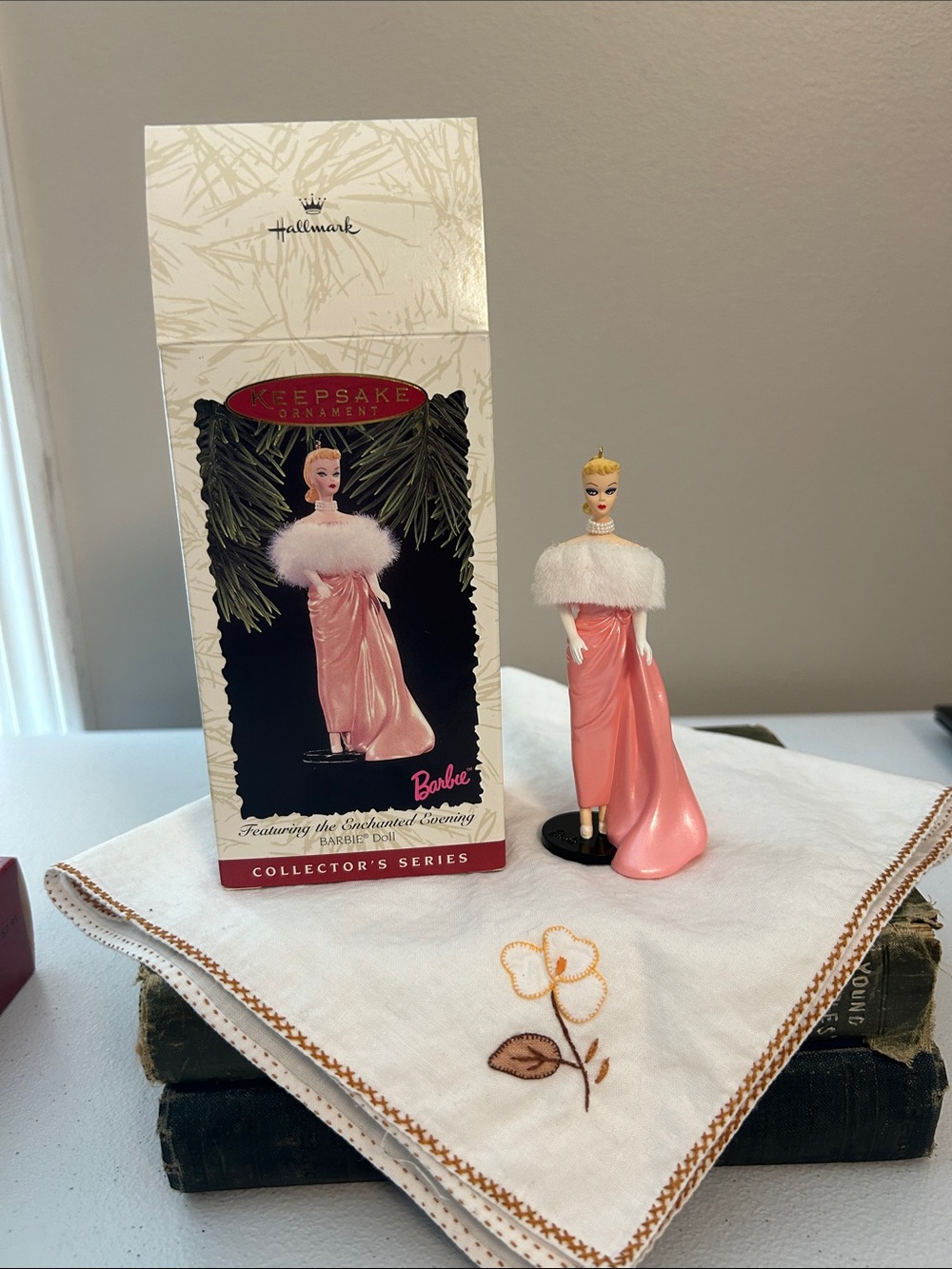 Hallmark Barbie Ornament in Pink Gown with White Fur Stole